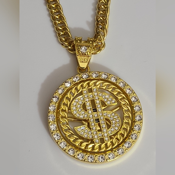 Bling iced out gold plated dollar money spinning necklace chain Halloween costum - Picture 9 of 12